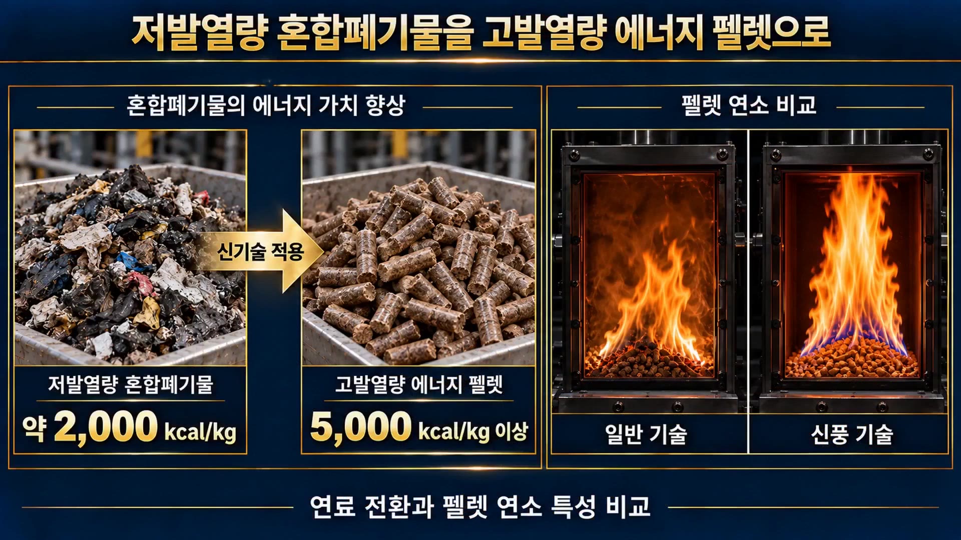 신풍 영상 속 혼합 폐기물과 에너지 펠렛 비교 장면