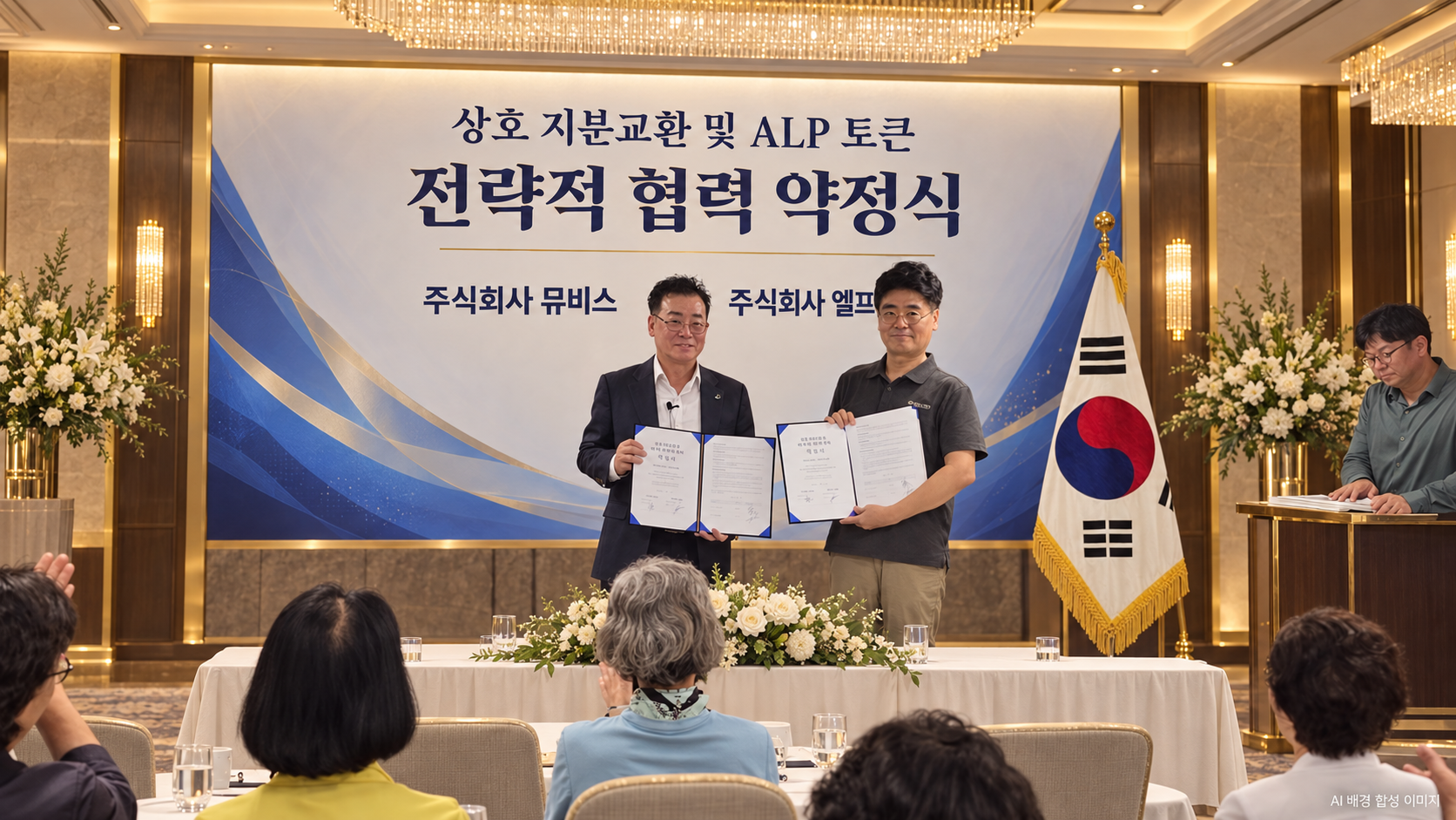 뮤비스와 엘프 전략적 협력 약정 관련 코리아로컬뉴스 보도 이미지 (AI 편집)