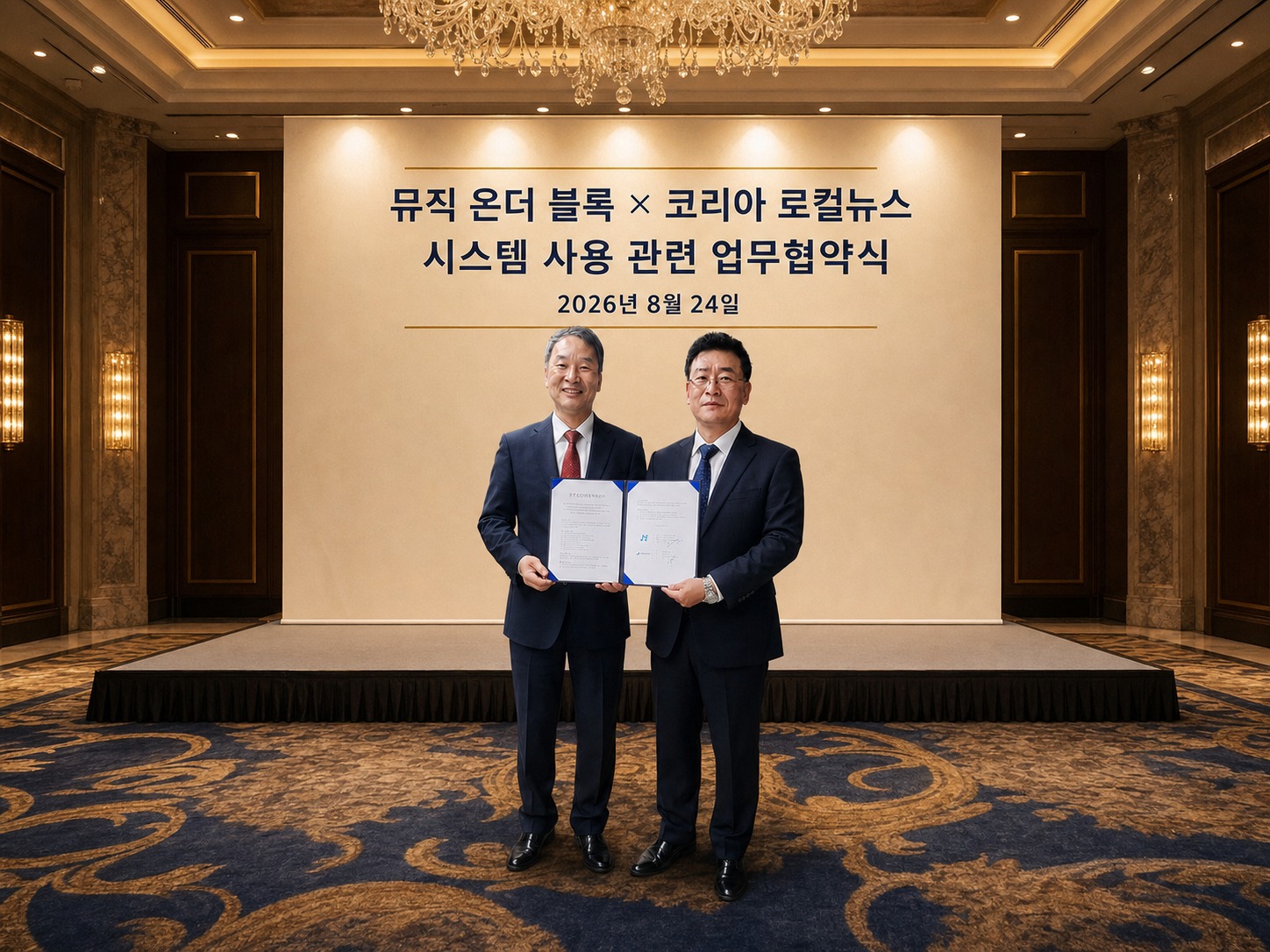 뮤직온더블록 우병삼 대표와 코리아로컬뉴스 박두호 대표의 업무협약 기념촬영